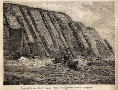 The exploitation of guano (seabirds excrement, uses as fertilizer in agriculture), the cliffs of the Chincha islands (close to the Peruvian coast) are dug on stairs for intensive harvesting of raw material, which loads in wagons is directly loaded in boats by Unknown artist
