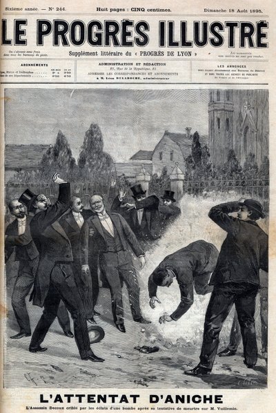 The murderer Clement Decoux is the victim of his attempted attack on Emile Vuillemin, director of the mines of Aniche, celebrating the day of 4 August 1895, his fiftieth anniversary at the head of coal production (engraving in 