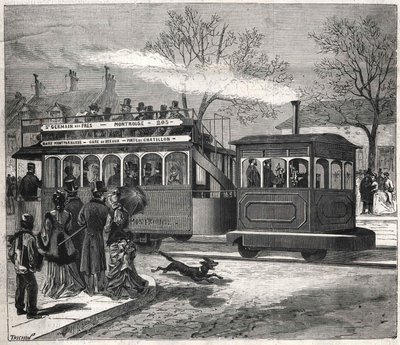 The New Steam Trams in Paris in 1876 Running on the Line of Saint-Germain-des-Prés at the Door of Chatillon, Engraving Bianchetti Collection by Unknown artist