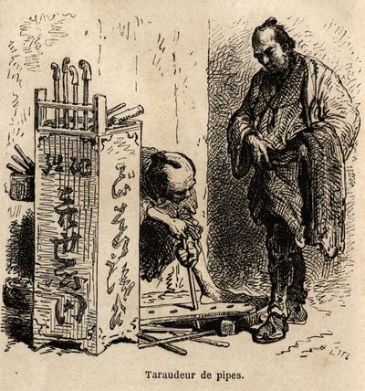 The pipe tapping machine in his workshop, he uses to tap the pipes a simple board drilled with holes of unequal size, set in iron spiral. Engraving to illustrate the journey to Japan, by Aime Humbert, minister of the Swiss Confederation, in 1863-1864, publ by Unknown artist