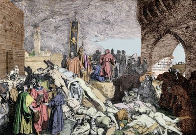 The plague of 1348 in Florence (Italy). At the bottom left, with a wreath of Laurier, Petrarch, Italian poet and humanist of the renaissance, talks with other people. by Unknown artist