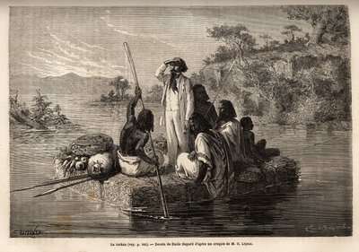 The tankoa, a kind of rectangular raft that can carry 6 to 8 people, consists of straw boots firmly tied together, this boat serves as a ferry and is established at fixed posts to cross the Goumara (Perou River). Drawing by Emile Bayard, to illustrate his  by Unknown artist