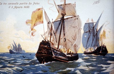 The three Caravels of Columbus leave Palos on 3/08/1492 by Unknown artist