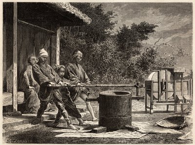 Three peasants operating the rice mill. Engraving to illustrate the voyage to Japan in 1863-1864, by Aime Humbert, minister of the Swiss Confederation, in 