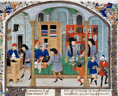 Trade Scene: Merchants in a Shop Present Tableware and Silverware to Their Customers. Miniature taken from an edition of “Ethical, Political and Economic” by Aristotle by Unknown artist