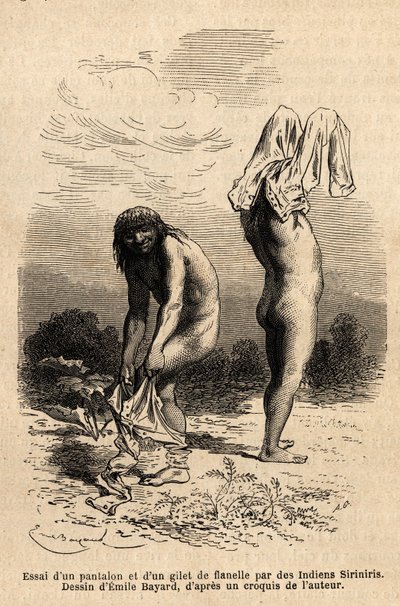 Two Siriniris Indians try to coat up pants and vest by Unknown artist