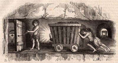 Two children pushing a trolley in an English coal mine, a third, the Trapper opens a door by Unknown