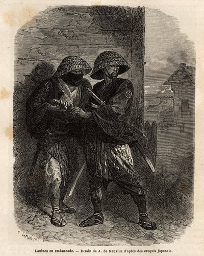 Two ronins (samurai having lost his master) standing in ambush. Engraving to illustrate the voyage to Japan, in 1863-1864, by Aime Humbert, minister of the Swiss Confederation, in Le tour du monde, nouveau journal des voyages published under the direction by Unknown artist