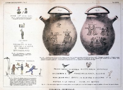 Various illustrations and inscriptions left by criminals on ceramic vases: study by Cesare Lombroso (1835-1909), Italian criminologist in 