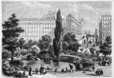 View of Square Montholon and the bridge of Rue Bellefond in Paris in the 9th arrondissement. Engraving in 