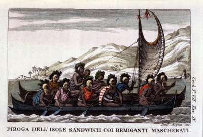 View of a canoe with sails from the Hawaiian Islands in Polynesia, the crew wears typical masks. Lithograph from the beginning of the 19th century by Unknown artist