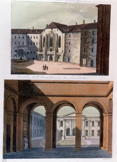 View of the courtyard of the Academie de Neustadt and the public baths in Vienna, Austria. Engraving from 1826 by Unknown artist