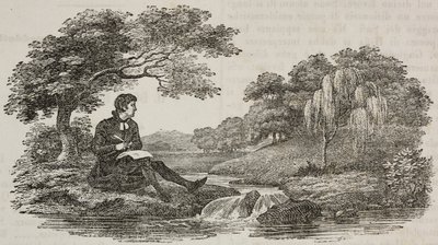 Writer under tree in front of stream, illustration from Teatro universale, Raccolta enciclopedica e scenografica by Unknown artist