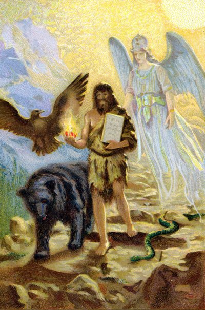 Zarathustra, guided by the Archangel and accompanied by animals, descends between men to carry the tables of law received by Ahura Mazda by Unknown artist