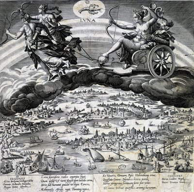 Zodiac sign Cancer. Moon, representation of the tank of Semelee. Engraving of the 19th century. by Unknown artist