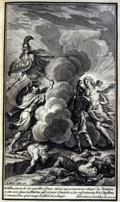 Achilles, covered with his new weapons, having rigorously attacked the Trojans, threw himself with fury at Hector, whom he was ready to slaughter to his resentment, but Apollo covered him with a thick cloud the delivre of this danger. Illustration of book  by Unknown artist