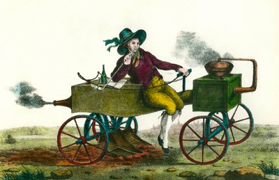 Agriculture: plowing scene with a steam machine in 1834. Anonymous engraving from 1834. Private collection by Unknown artist