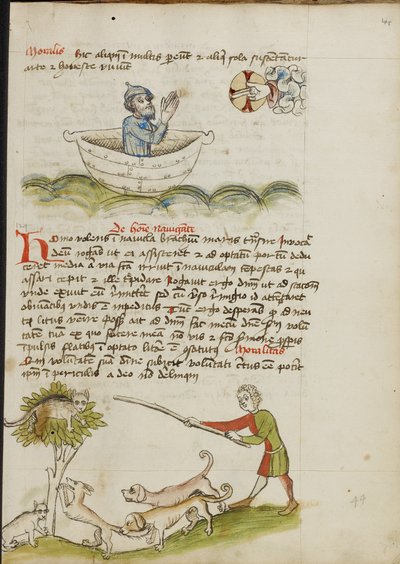 An Elderly Man in Prayer in a Boat; A Cat in a Tree under which is a Fox by Unknown artist