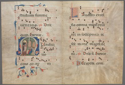 Bifolium from an Antiphonary: Initial M with Saint Dominic Preaching and Music by Unknown artist