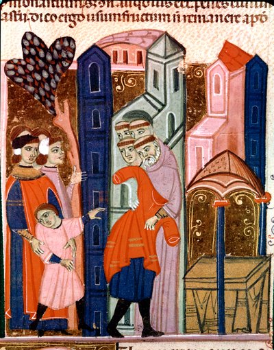 Children are entrusted to the monks for education. Miniature from the Justinian Code (Codex Justinianus), a collection of laws and institutions redigested under the Roman Emperor Justinian I of Byzantium (483-565) by Unknown artist
