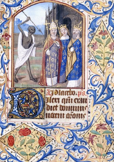Death with his Spear Pointing at Three Figures, a Pope, a King, and a Queen, Standing in Front of a Gothic Church, c.1470 by Unknown artist