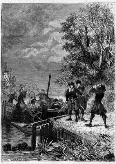 Denis Papin (1647-1712) physicist, mathematician and French inventor, looks at his boat equipped with his new invention, a steam machine system still unknown, destroyed by boatmen to sell some pieces. Engraving in La Nature by Unknown artist