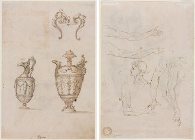 Design for Two Vases and an Ornament (recto); Sketches of Five Arms and a Head (verso) by Unknown artist