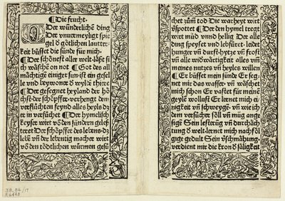 Devotional passages with ornamental borders from Andächtig Zeitglöcklein des Leben und Leidens Christi, Plate 17 from Woodcuts from Books of the 15th Century by Unknown artist