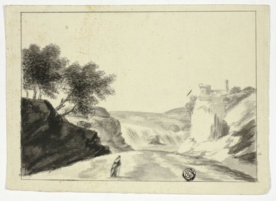 Draped Figure in Landscape with Castle on a Cliff by Unknown artist