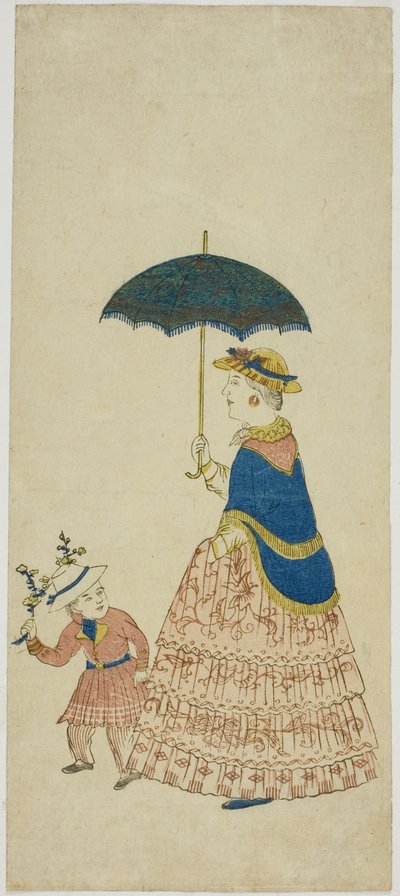 Dutch Lady Carrying Parasol with Little Boy by Unknown artist