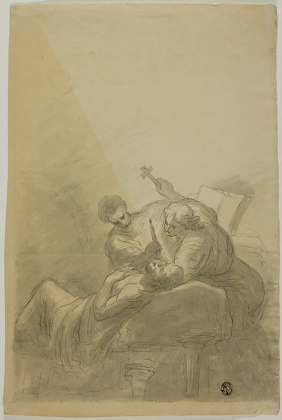 Dying Man Attended By Two Figures Holding Candle, Book and Cross by Unknown artist