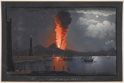Eruption of Mount Vesuvius. Nocturnal scene, with a group of figures contemplating the eruption of Mount Vesuvius from the opposite side of the Bay of Naples, lighthouse at left, ships sailing at right and city and volcano in the background by Unknown artist