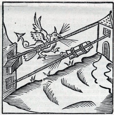 Fireworks and fireworks: Fusees sliding on strings. Reproduction of the engravings of the work of the French Jesuit Jean Leurechon 