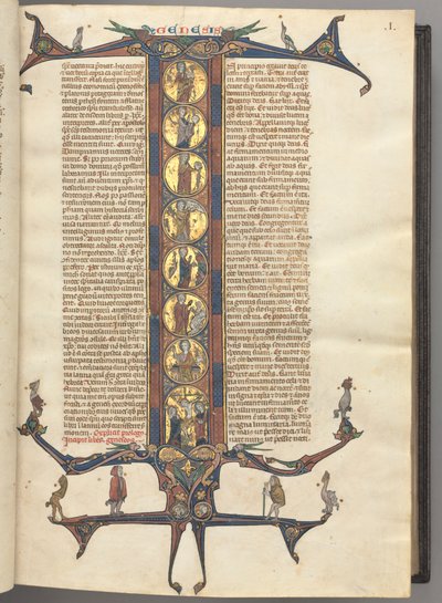 Fol. 1r, Genesis, with a full-length historiated initial I, showing the Creation and the Crucifixion, all on burnished gold grounds, with diapered pink and blue frames and cusped dragon and foliage extensions at top and bottom by Unknown artist