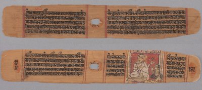 Folio 141, from a Kalpa-sutra and Story of Kalakacharya: Text (recto); Monk Holding a Flower Venerated by a Lay disciple (verso) by Unknown artist