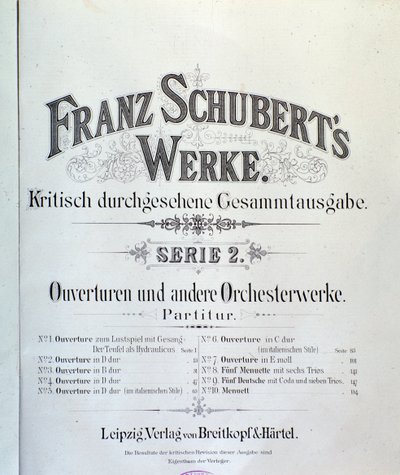 Frontispiece of Musical Score of Various Overtures by Franz Schubert by Unknown artist