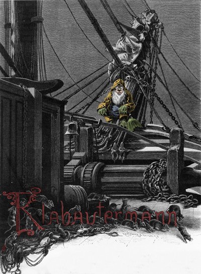 Germanic mythology: representation of a Klabautermann on the deck of a boat, an elf protector of ships at sea. Engraving of the 19th century by Unknown artist