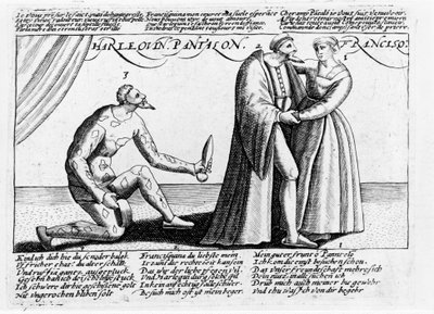 Harlequin cuckold. Series of engravings of a piece played in France towards the end of the 16th century on the theme of the love disgraces of Harlequin and Franceschina by Unknown artist