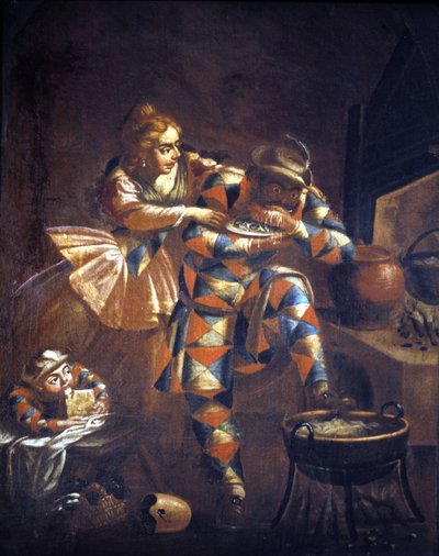 Harlequin glutton. He always tries to catch something to eat, symbol of the misery of past centuries. 18th century painting. Milan by Unknown artist