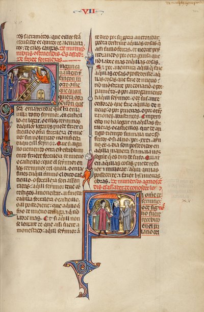 Initial N: Two Men Building a Fortress; Initial S: Two Men Meeting a Nobleman Carrying a Hawk by Unknown artist