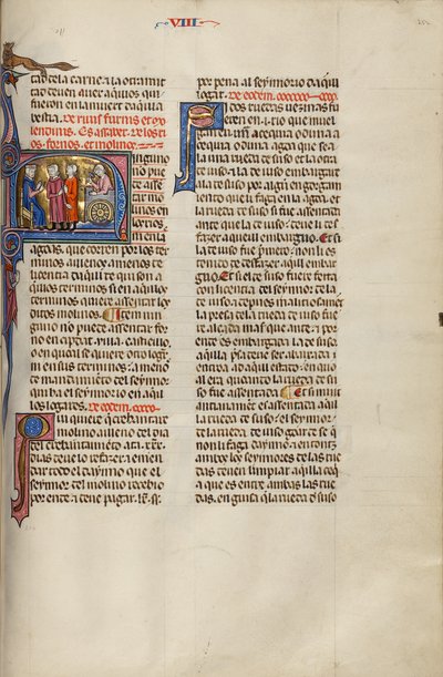 Initial N: Two Men before a Judge While a Third Man Builds a Mill by Unknown artist