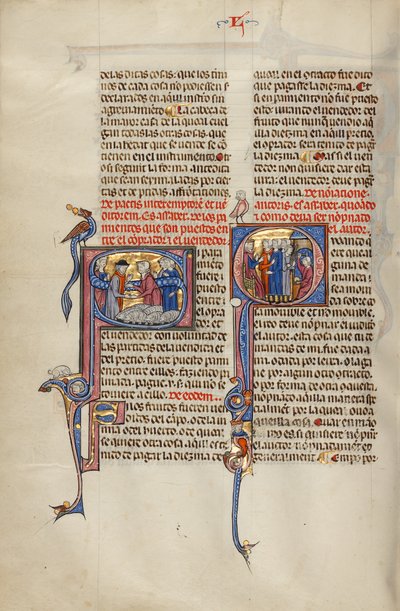 Initial S: Two Men Shaking Hands after a Sale of Sheep; Initial Q: Three Men before a Judge Pointing to a Man with a Club and a Man Working at an Anvil by Unknown artist