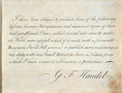 Introduction page where the composer gives the reasons for which he published, from Suite of instrumental pieces by G F Handel by Unknown artist