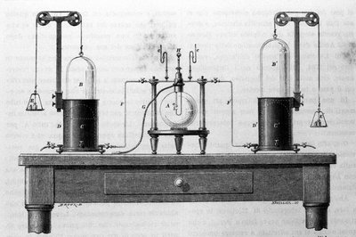 Lavoisier and Laplace Apparatus for the Formation of Water by Means of Oxygen and Hydrogen Gases Burning in a Glass Flask (19th century engraving) by Unknown artist