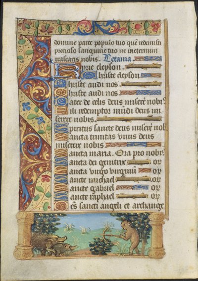 Leaf from a Book of Hours: Ape Hunting Wild Boars (recto) by Unknown artist
