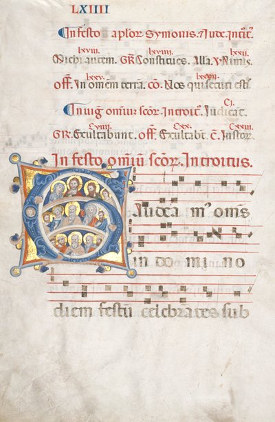 Leaf from a Gradual: Initial (G) with Christ, the Virgin, and Apostles by Unknown artist