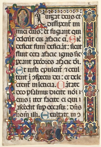 Leaf from a Psalter with Full Border with Medallions (Annunciation, SS. Jerome, Clare, Sebastian and Bernardino) and Historiated Initial (E): Virgin and Child by Unknown artist