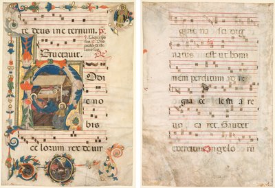 Leaf from an Antiphonary with Historiated Initial (H) with The Nativity (recto) and Music (verso) by Unknown artist