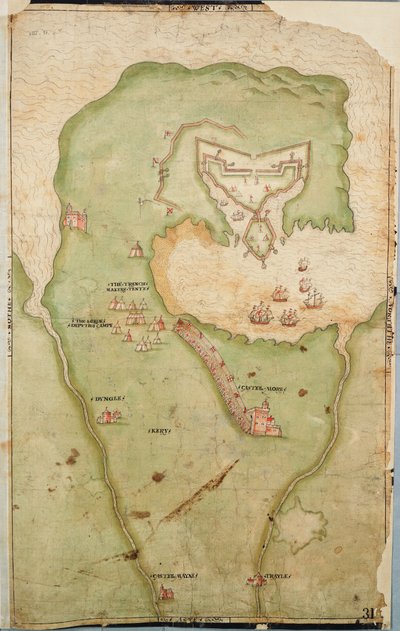 Map of Smerwick, Ireland, Showing the English Earthwork with Two Guns for Attacking the Spanish Fort and English Soldiers Marching Out of Castell More by Unknown artist