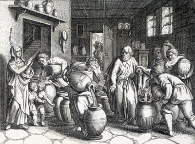 Miracle of Elisha, biblical prophet and disciple of Elijah who, with his cloak, conveys his spirit and powers to him. Engraving from 1724 by Unknown artist